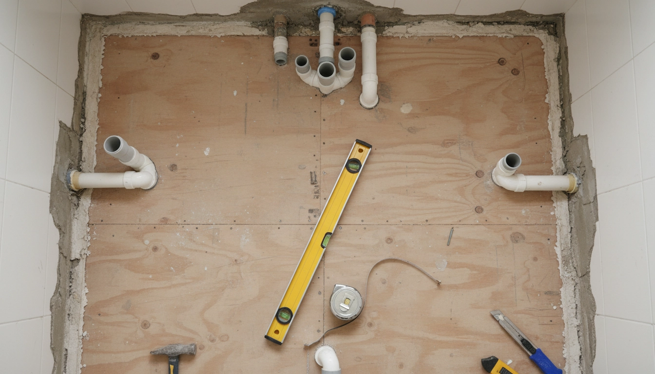 A view of a bathroom floor with the tile removed, showing the wooden subfloor and PVC plumbing pipes for new bathroom remodel ideas.