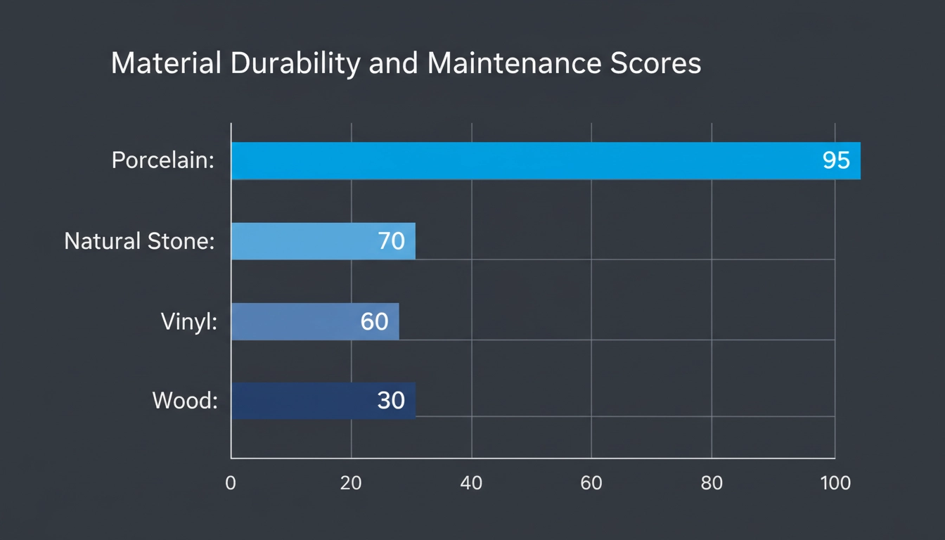 A bar chart titled "Material Durability and Maintenance Scores" showing data for Porcelain: 95.