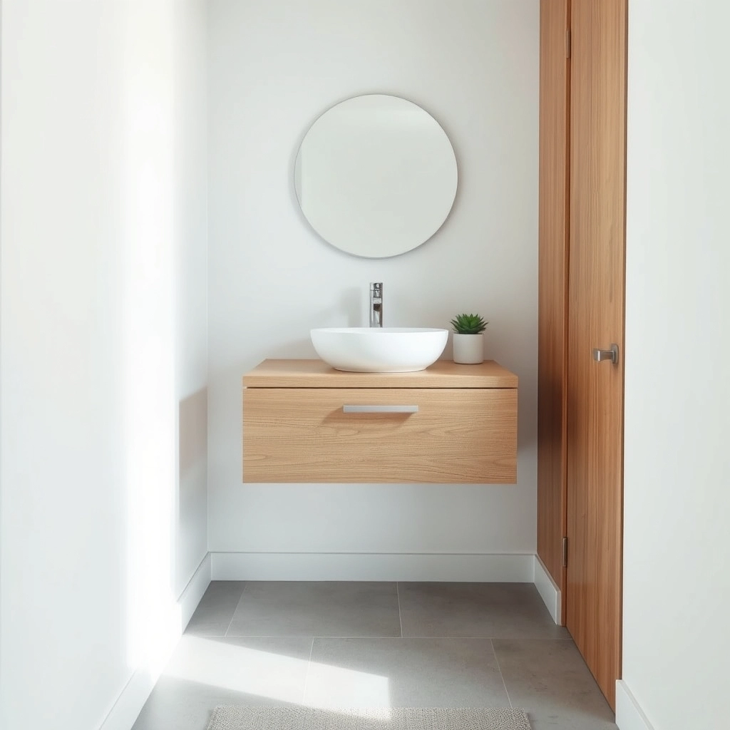 A wall-mounted wooden floating vanity in a compact bathroom, demonstrating space-saving bathroom remodel ideas.
