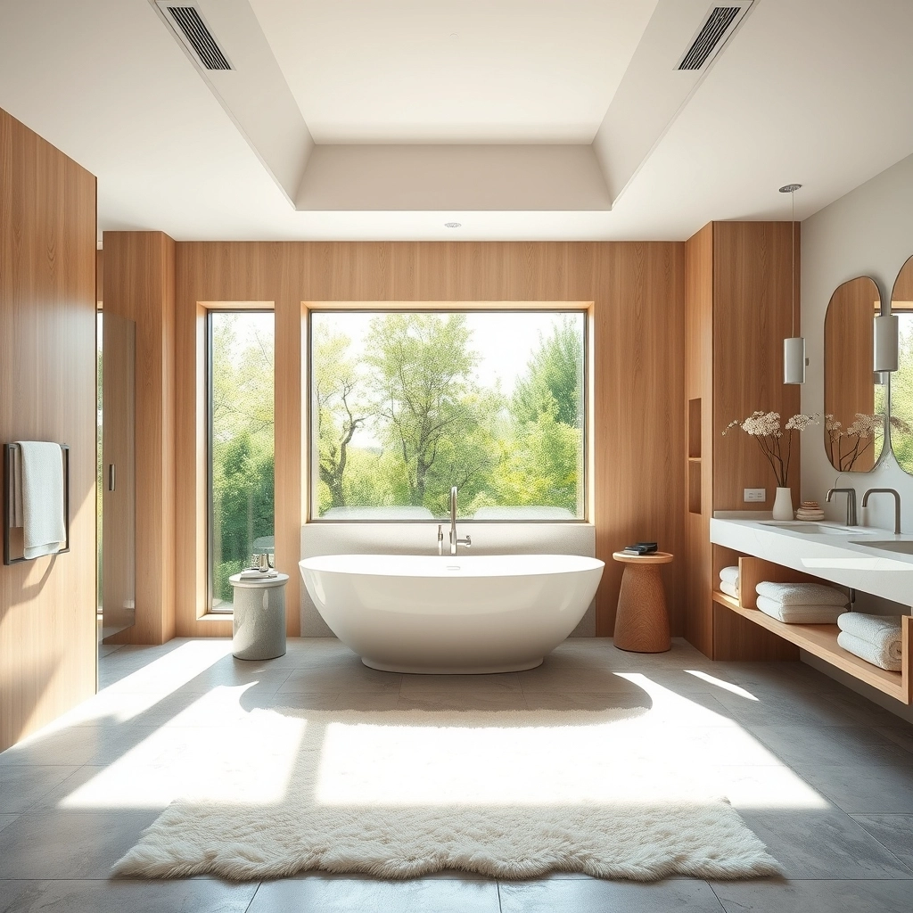 A modern bathroom showcasing bathroom remodel ideas 2026 with warm lighting and natural textures.