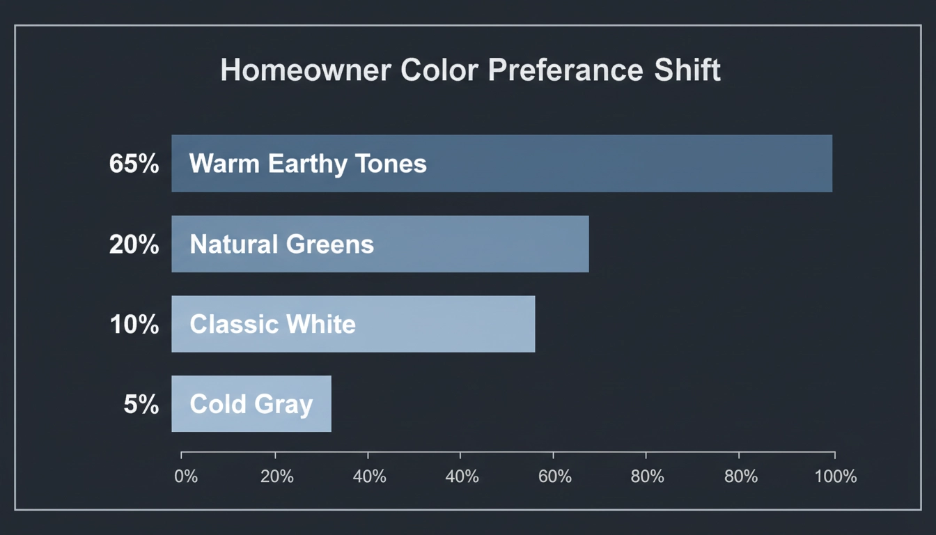 A pie chart titled "Homeowner Color Preference Shift" showing data for Warm Earthy Tones 65 percent.