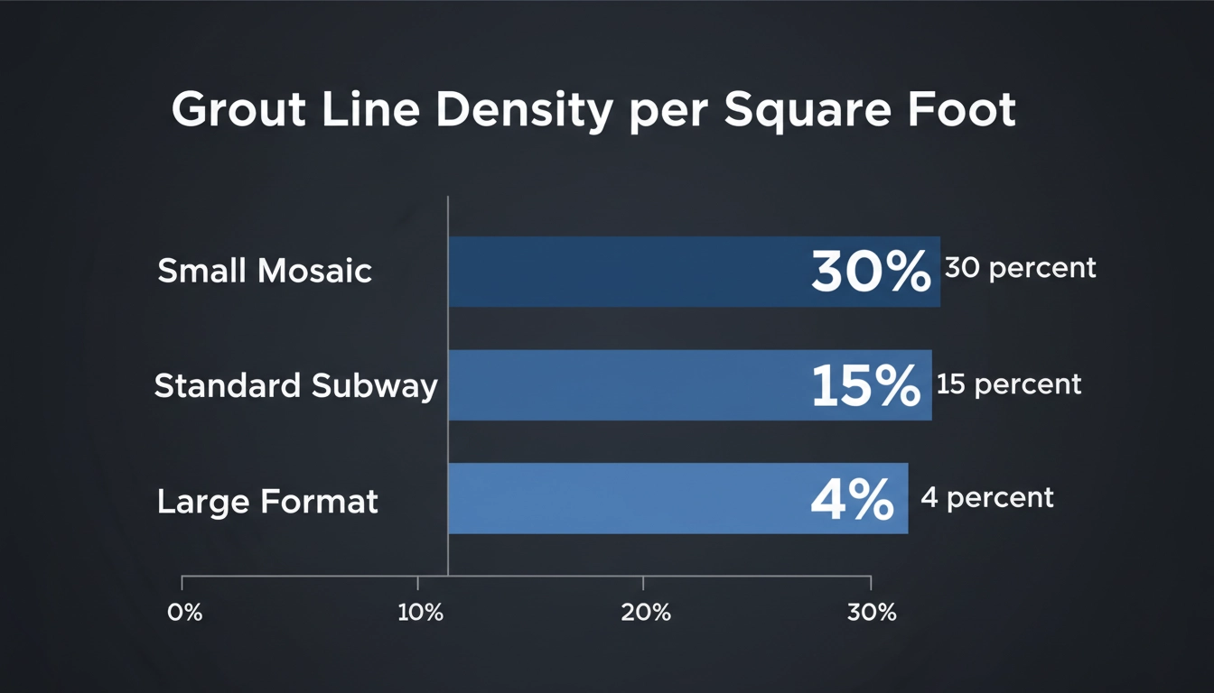 A bar chart titled "Grout Line Density per Square Foot" showing data for Small Mosaic 30 percent.