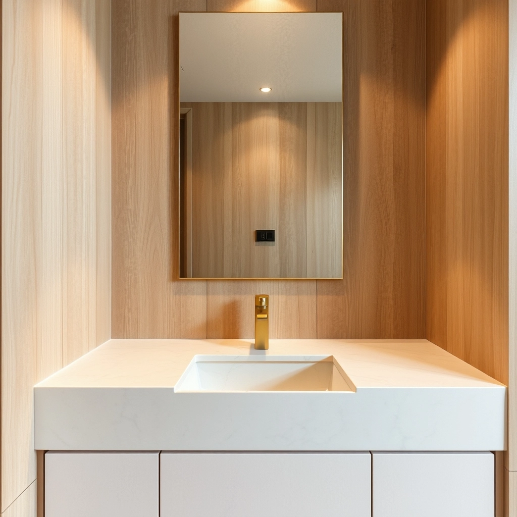 A natural white oak vanity and stone countertop, key elements of bathroom remodel ideas 2026.