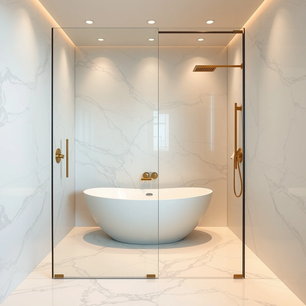 A high-end master bathroom wet room featuring a freestanding white tub behind a glass partition, showcasing luxury bathroom remodel ideas.