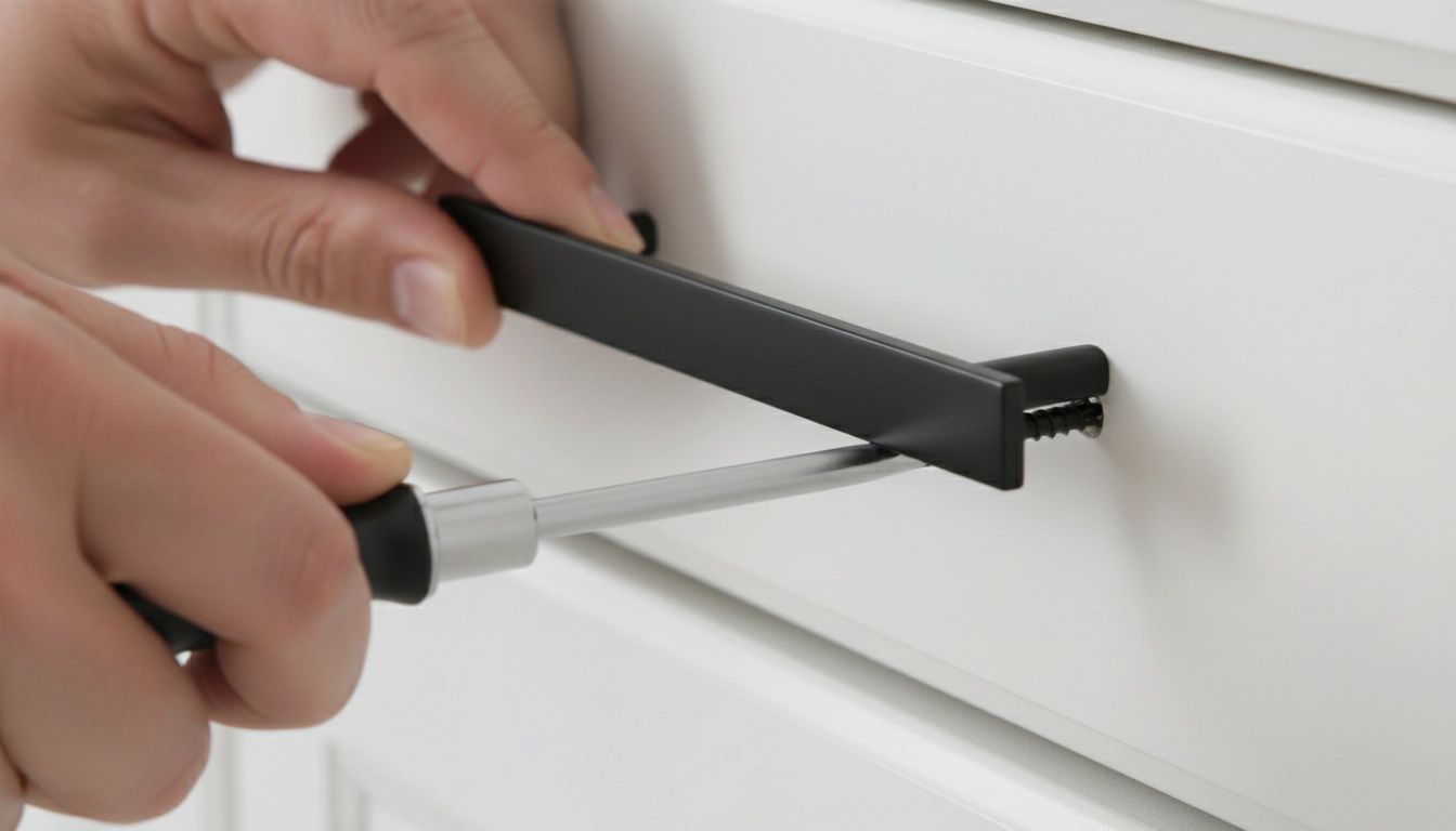 A close-up of a hand using a screwdriver to install a matte black handle on a white cabinet for DIY bathroom remodel ideas.