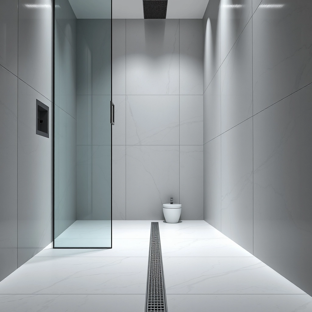 A seamless curbless shower entry with massive porcelain wall panels, reflecting future-focused bathroom remodel ideas.