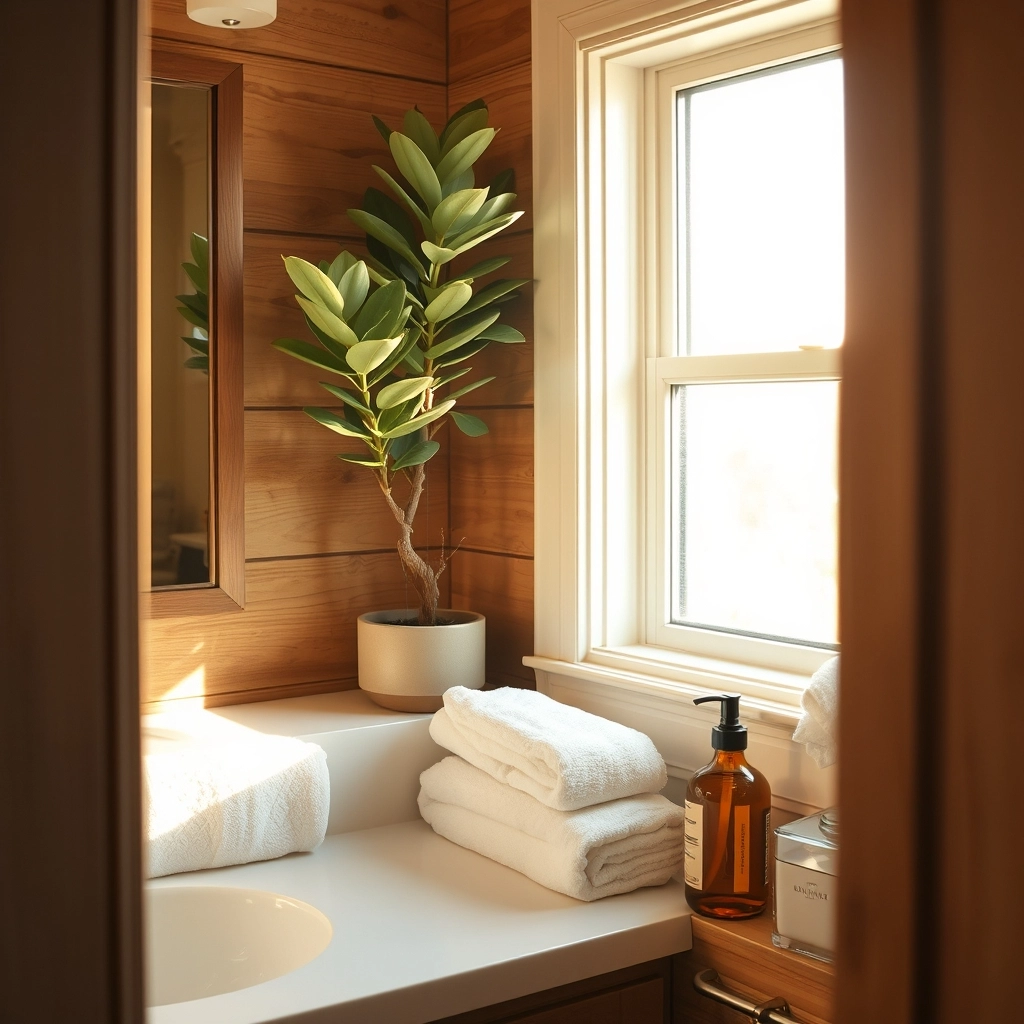 A beautifully finished modern bathroom with warm lighting and green plants, representing the result of great bathroom remodel ideas.