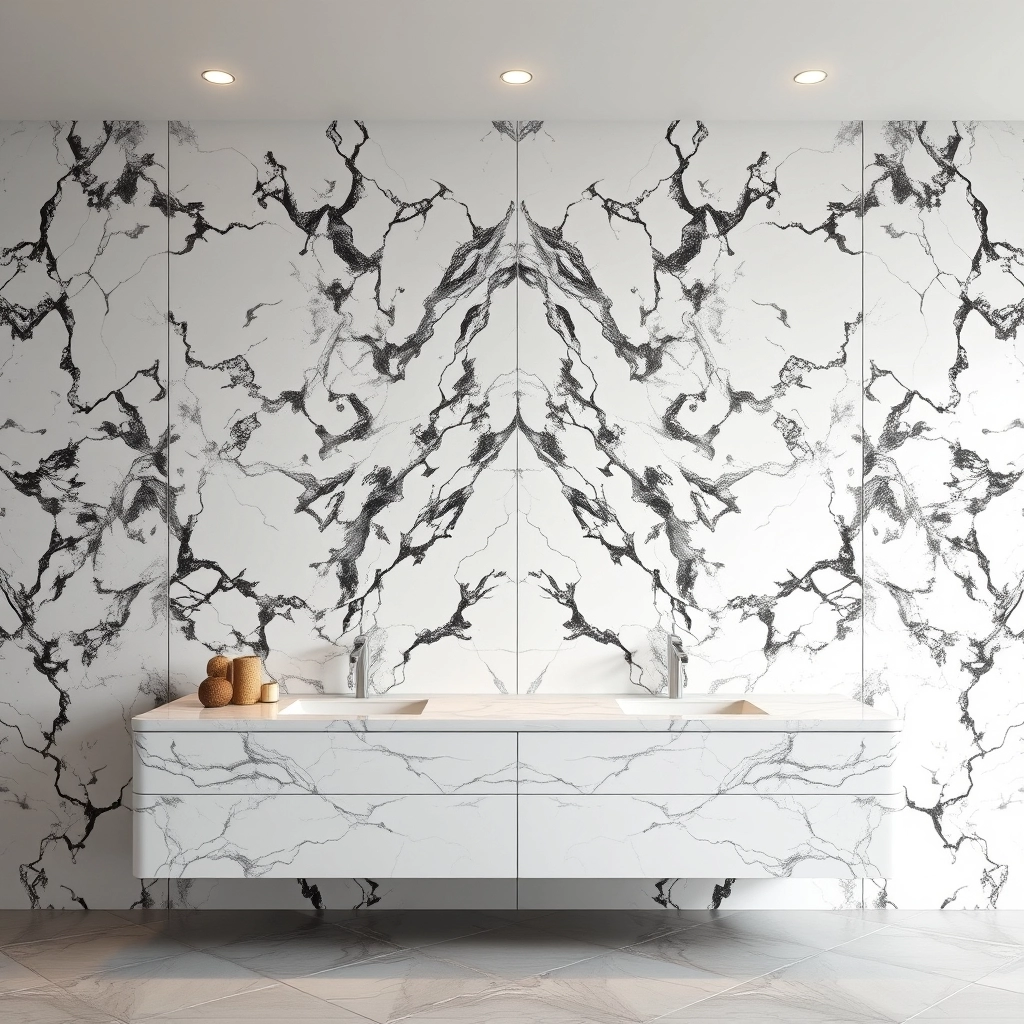 A stunning book-matched marble accent wall behind a modern vanity, illustrating high-end bathroom wall ideas.