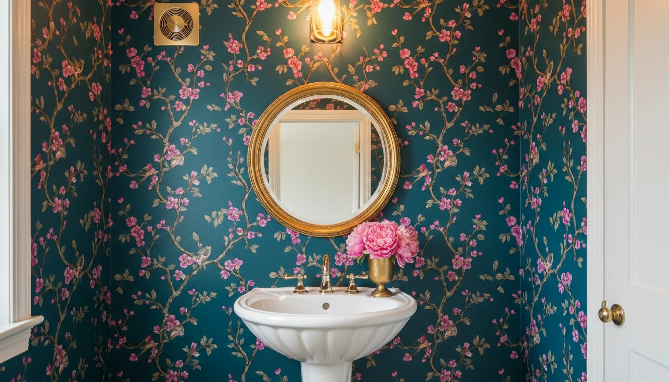 Vibrant vinyl-coated floral wallpaper in a bathroom, showcasing moisture-resistant bathroom wall ideas.