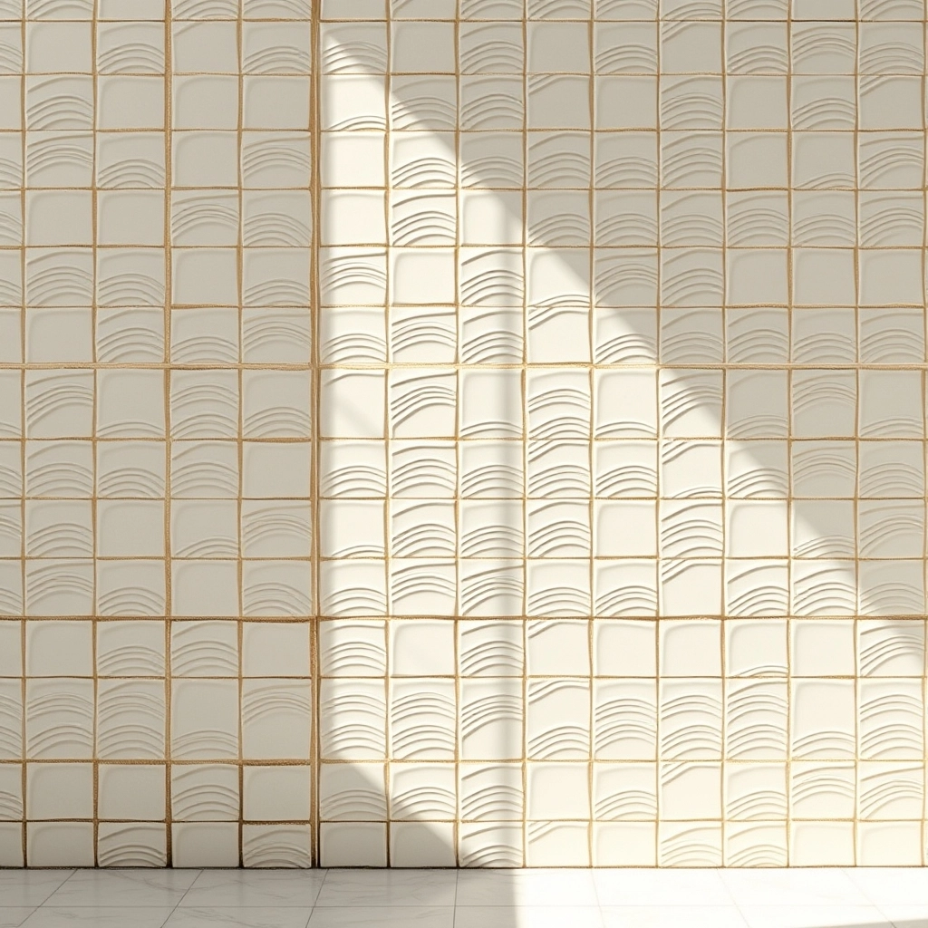Handcrafted Zellige tiles covering a wall from floor to ceiling, reflecting light with a rippled water effect.