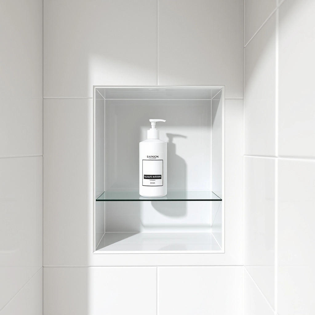 A small bathroom featuring a recessed wall niche and a floor-to-ceiling mirror to maximize space.