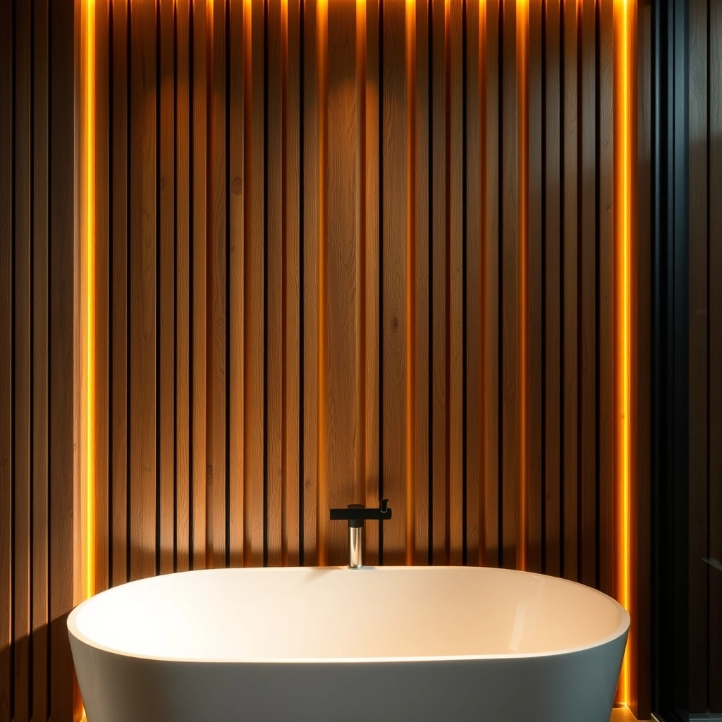 A vertical teak wood slat wall in a modern bathroom, providing warmth and acoustic dampening.