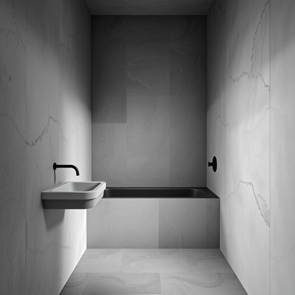 A minimalist bathroom with seamless grey microcement walls, illustrating industrial bathroom wall ideas.