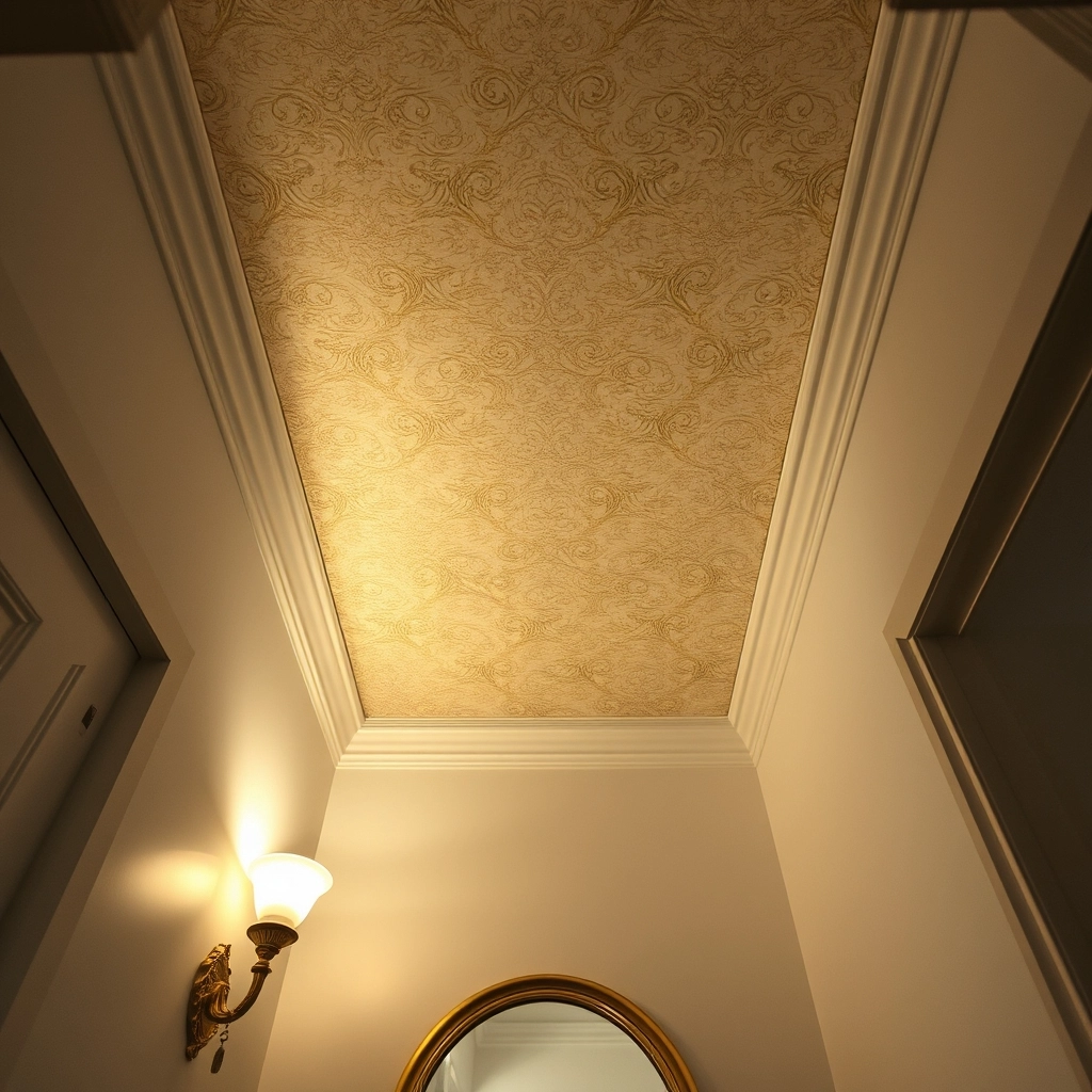 Small Bathroom Wallpaper Ideas featuring a patterned ceiling to create a sense of height.