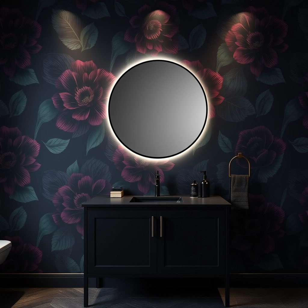 Bold Floral Bathroom Wallpaper Ideas featuring oversized blooms on a dark charcoal background.