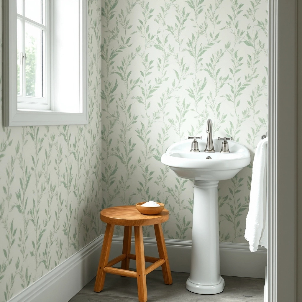 Relaxing botanical Bathroom Wallpaper Ideas in soft sage green and watery blue tones.