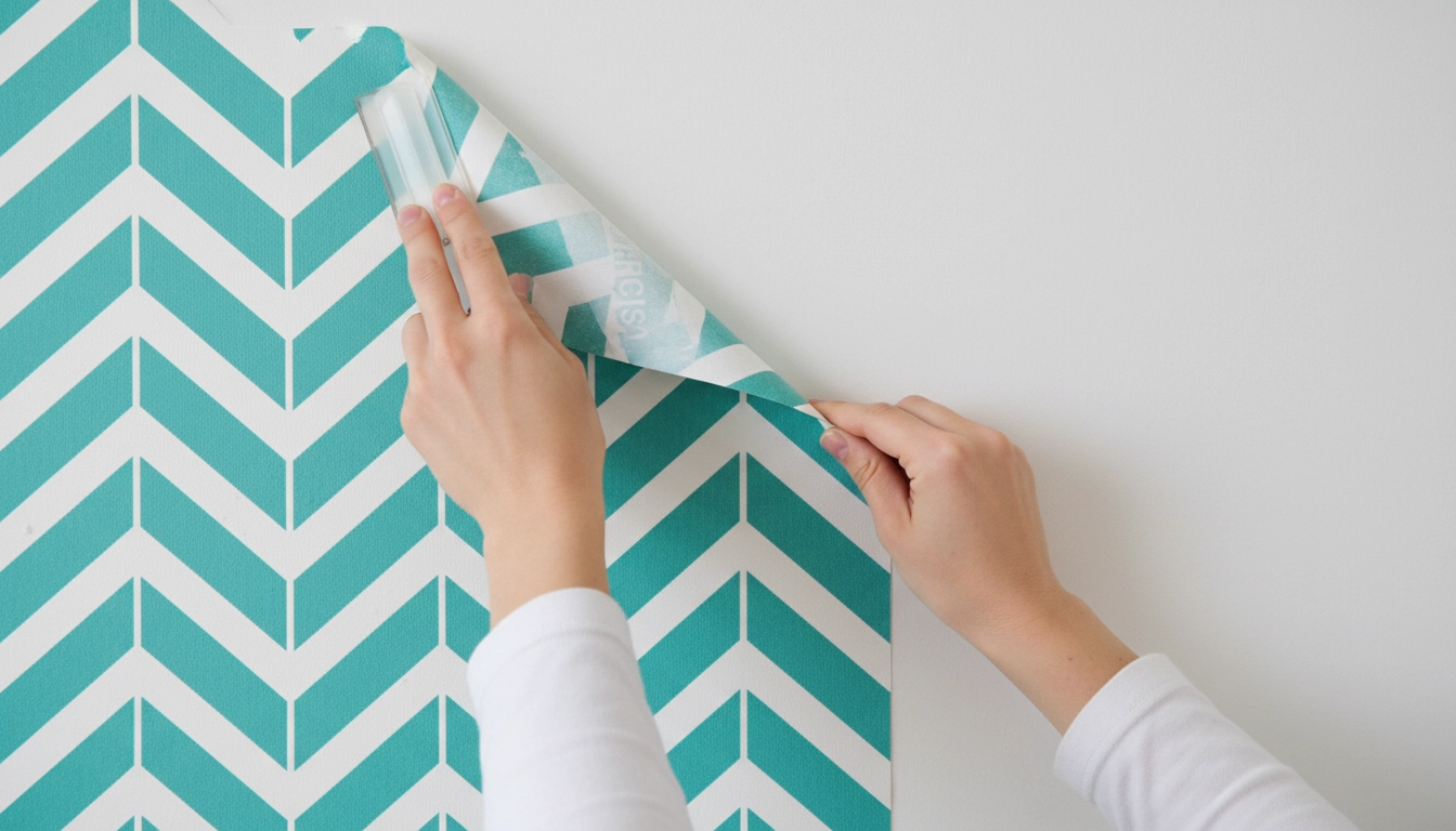 Temporary peel and stick Bathroom Wallpaper Ideas being applied to a rental bathroom wall.