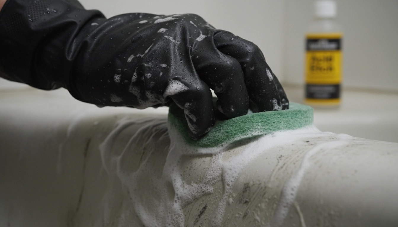A technician performing the deep cleaning phase to reduce the Bathtub Refinishing Cost by ensuring a long-lasting bond.