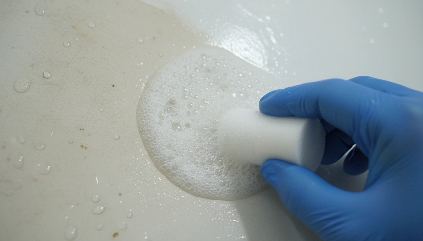 A technician applying a chemical bonding agent to a bathtub to lower the bathtub refinishing cost through durability.