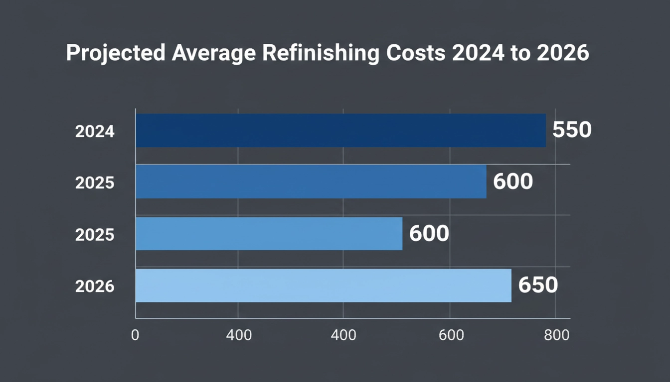 A line chart titled "Projected Average Refinishing Costs 2024 to 2026" showing data for 2024: 550.