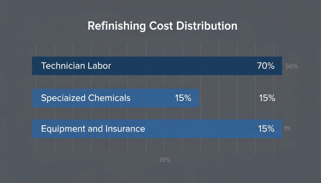 A pie chart titled "Refinishing Cost Distribution" showing data for Technician Labor 70 percent.
