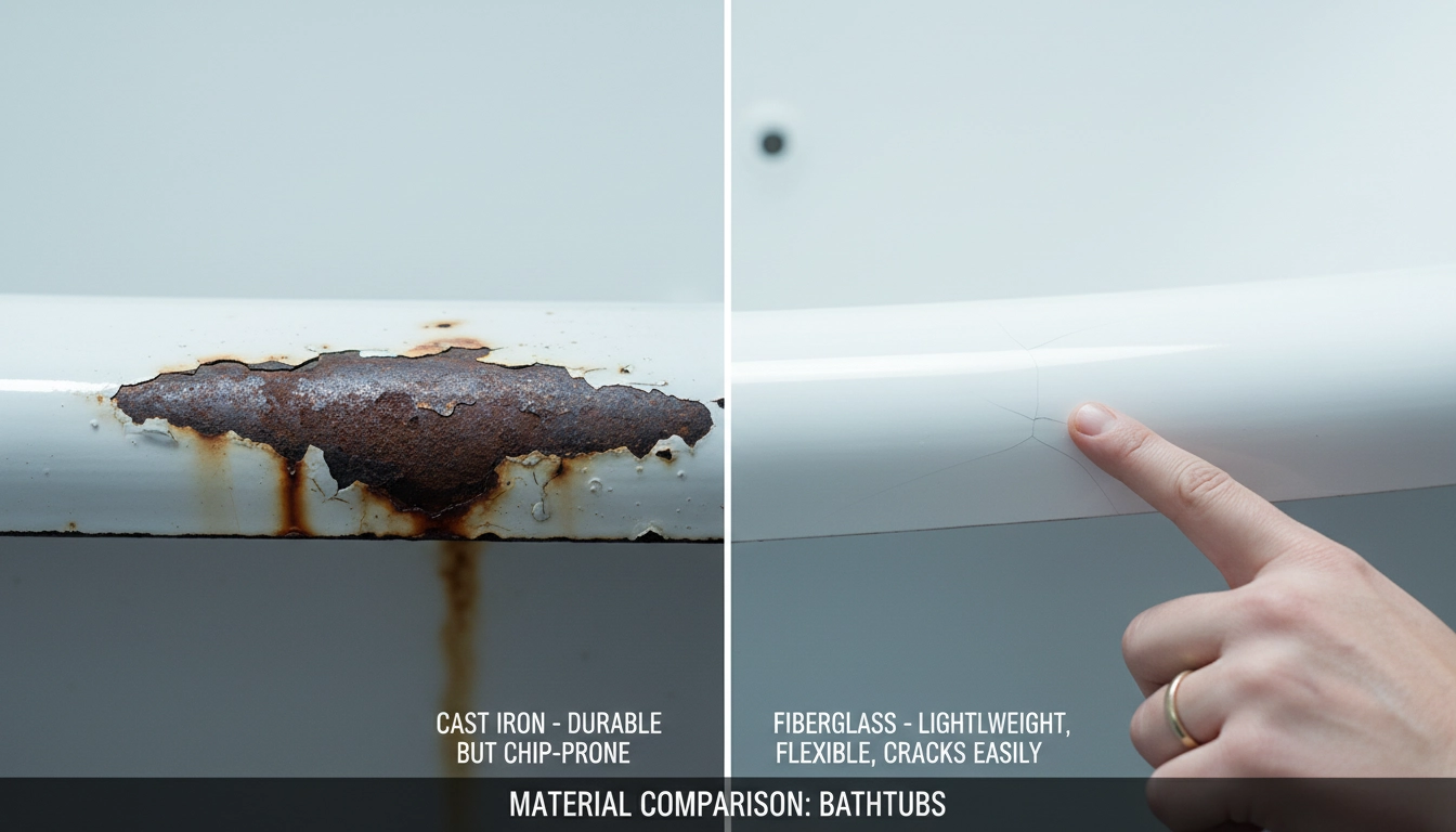 A side-by-side comparison of a heavy cast iron tub and a fiberglass unit to explain variations in Bathtub Refinishing Cost.
