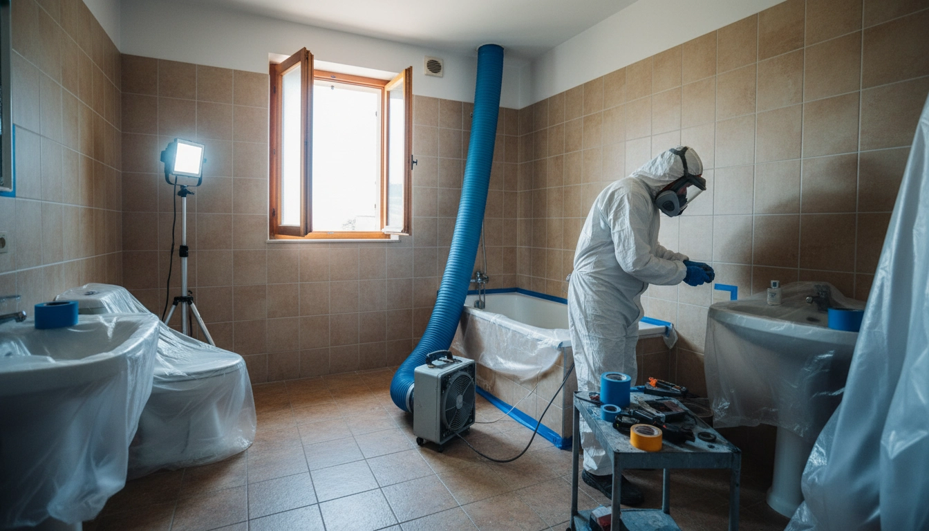 A professional in a respirator and suit preparing a bathroom for a low bathtub refinishing cost service.