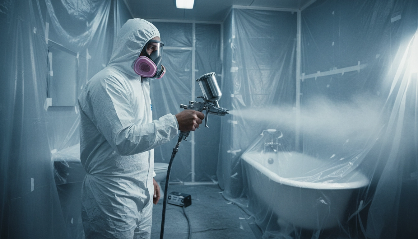 A professional refinisher in a respirator mask applying resin, reflecting the labor involved in the Bathtub Refinishing Cost.