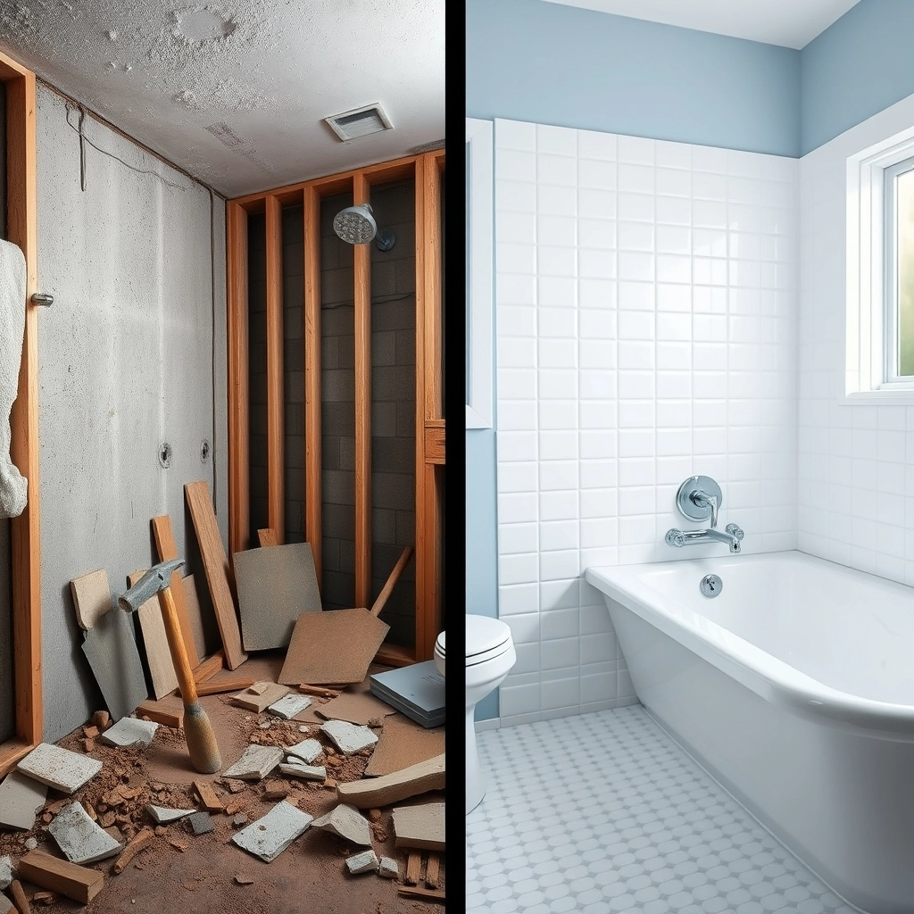 A split screen showing a demolished bathroom wall and a refinished tub to compare bathtub refinishing cost.