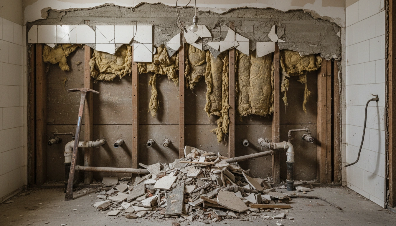 A demolished bathroom showing exposed plumbing and wood studs, illustrating the high risk compared to a standard Bathtub Refinishing Cost.