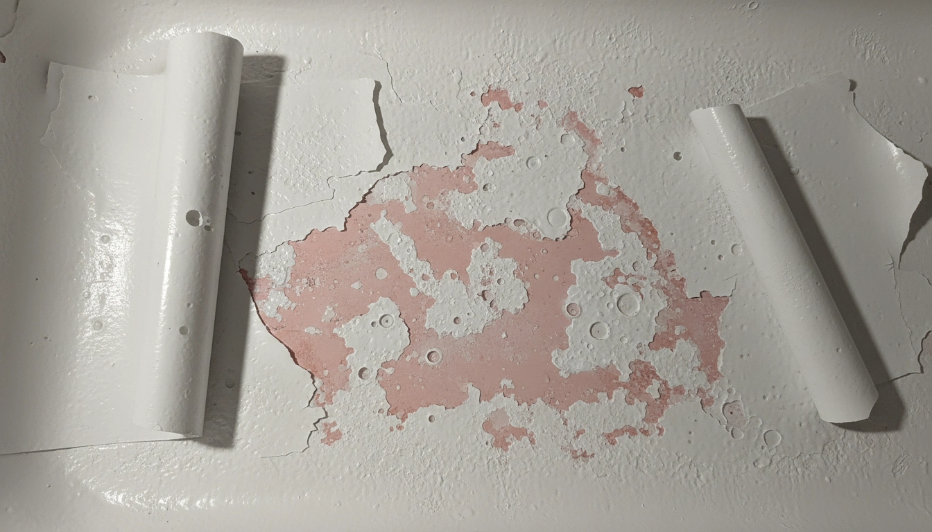 A close-up of a DIY bathtub kit peeling off the surface, increasing the long-term bathtub refinishing cost.