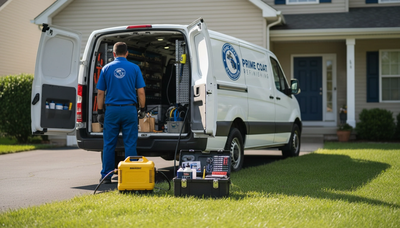 A professional service van parked in a driveway to provide a local bathtub refinishing cost estimate.