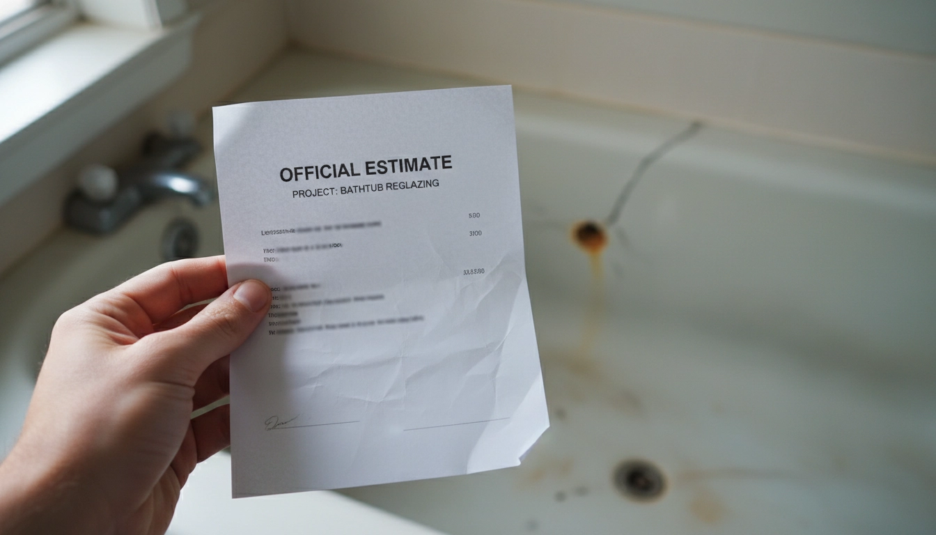 A hand holding a printed cost estimate next to a worn-out porcelain bathtub.