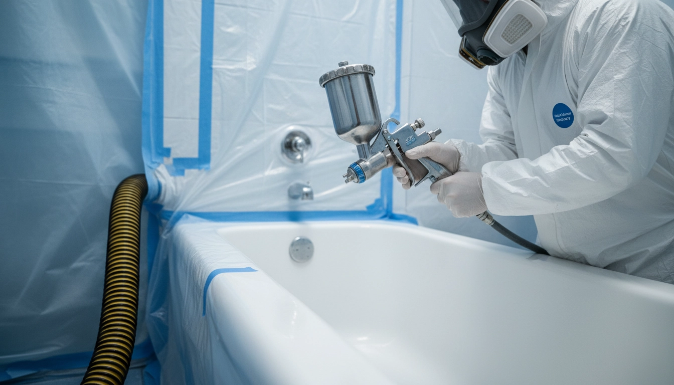 A technician in a respirator mask and protective suit preparing to reglaze a bathtub.