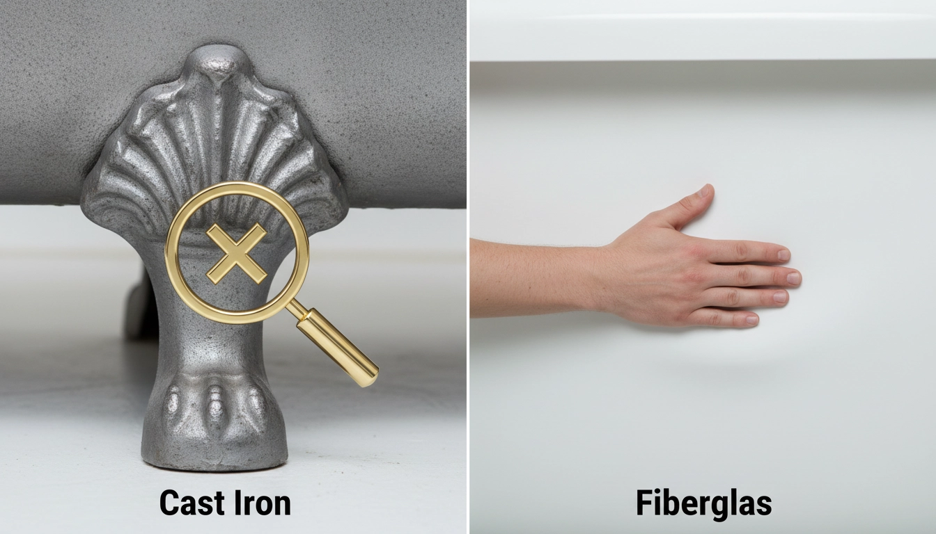 A split view showing the heavy texture of a cast iron tub and the flexible surface of a fiberglass tub.