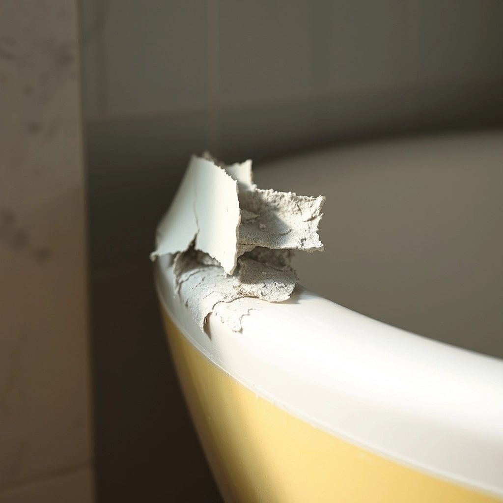 Close up of a bathtub surface with peeling and bubbling DIY epoxy paint.