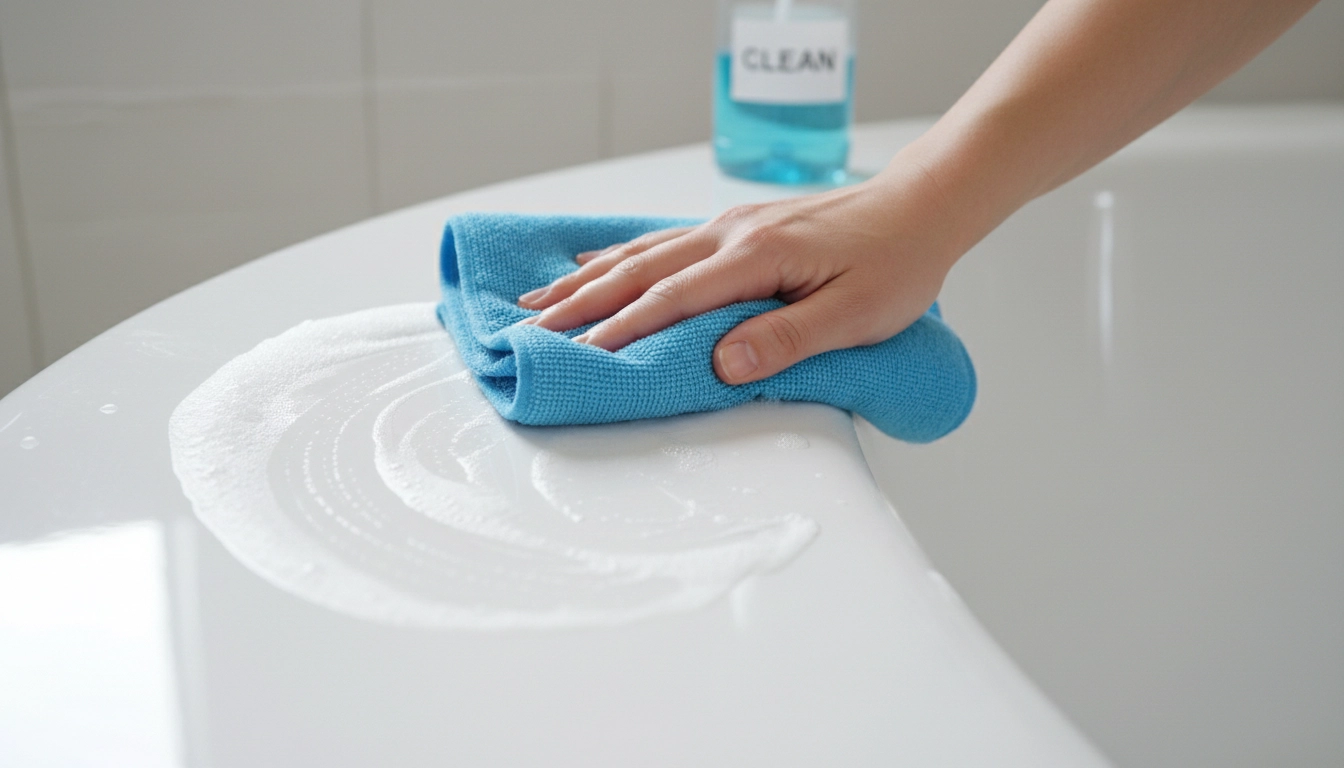 A person using a soft microfiber cloth and gentle soap to clean a shiny bathtub.