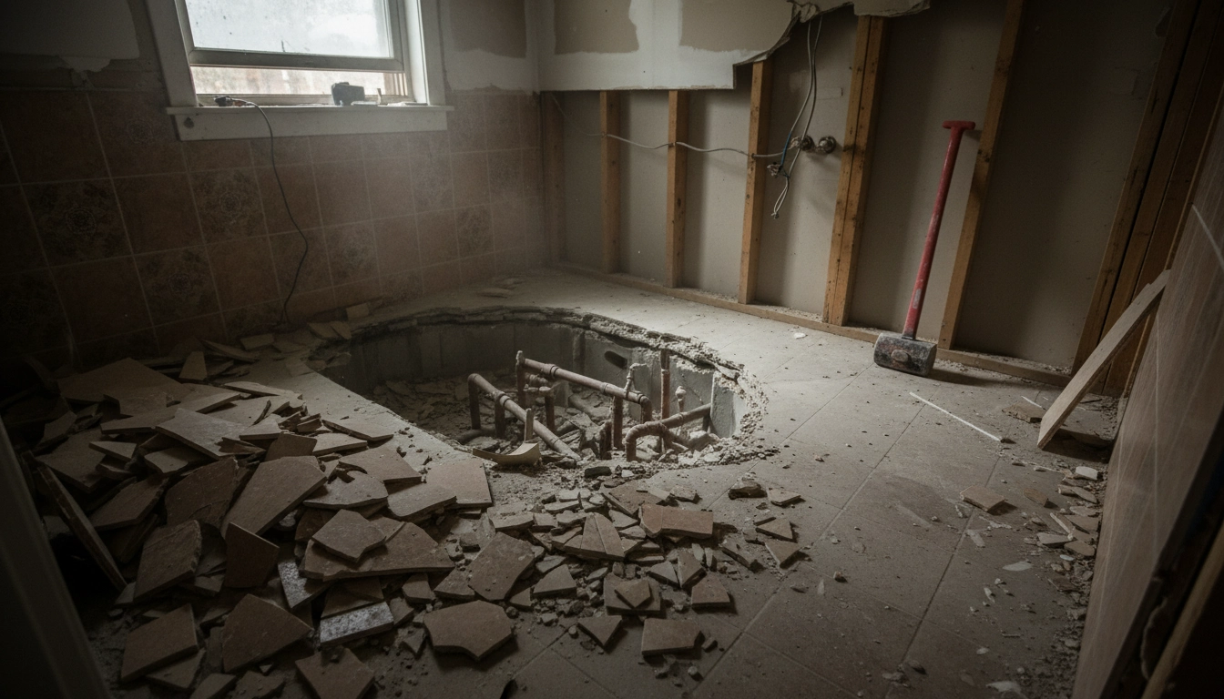 A bathroom under construction with a ripped-out tub and broken wall tiles.