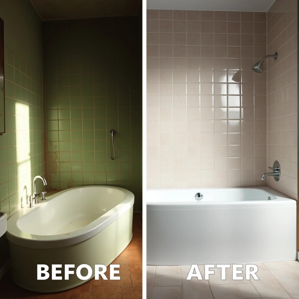 A split image showing a stained green bathtub on the left and a brilliant white reglazed tub on the right.