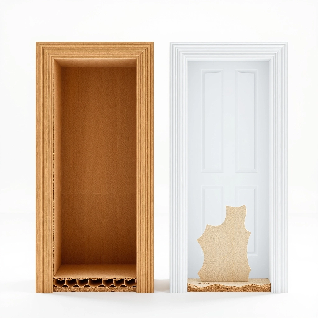 A cross-section comparison of a hollow core door and a solid core door to show the best bathroom door ideas for soundproofing.