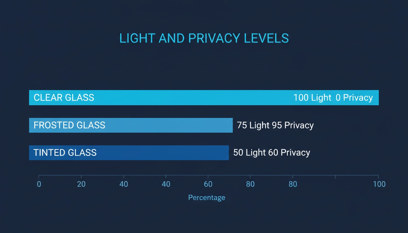 A bar chart titled "Light and Privacy Levels" showing data for Clear Glass: 100 Light 0 Privacy.