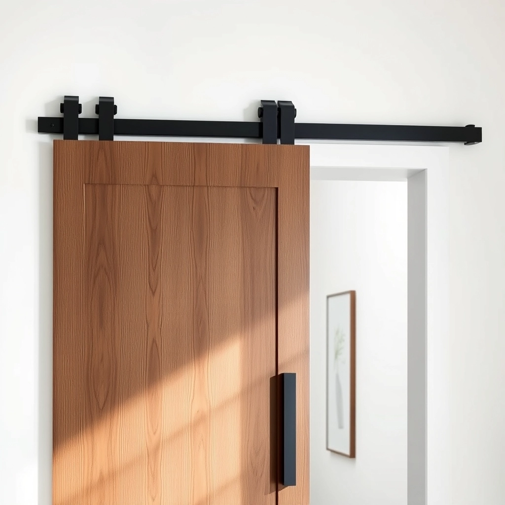 A sleek matte black sliding barn door with a walnut wood slab, a popular choice for modern bathroom door ideas.