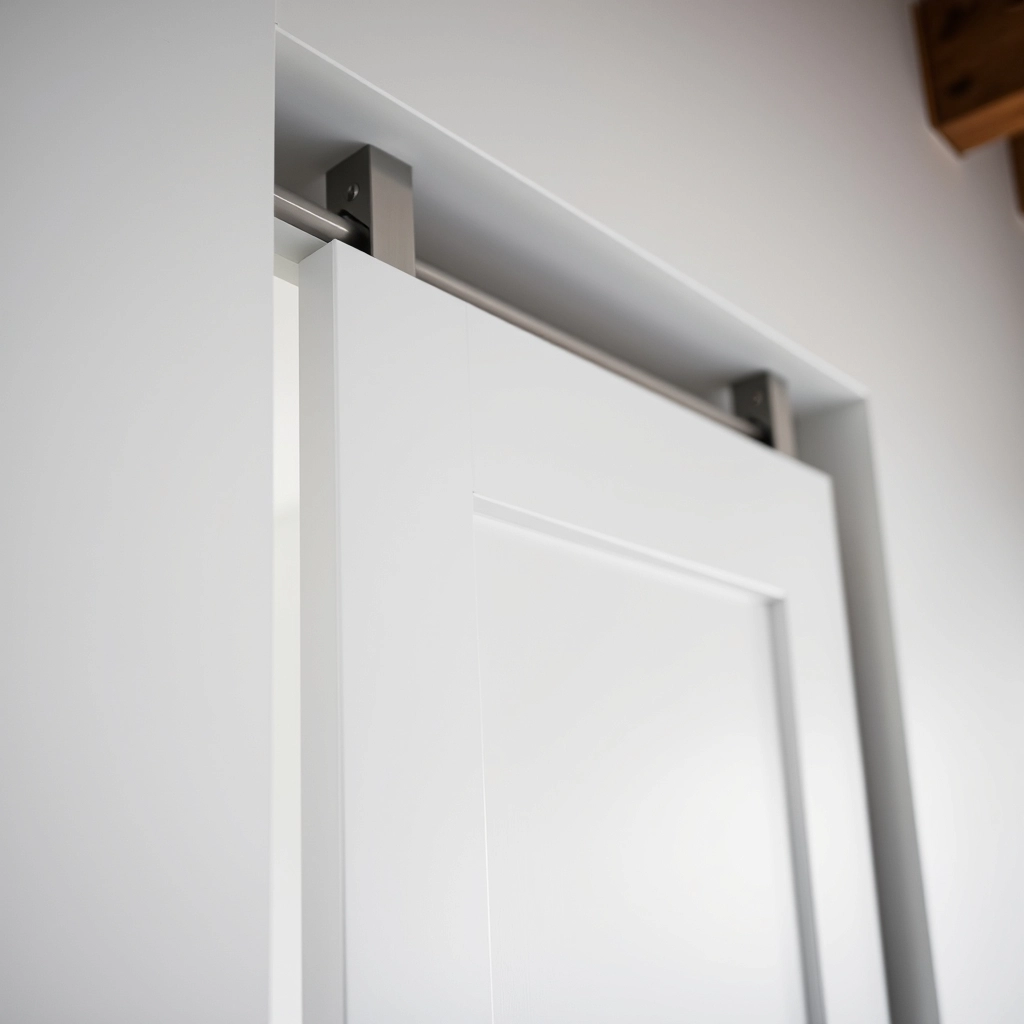 A white pocket door sliding into a wall cavity, demonstrating practical bathroom door ideas for small floor plans.