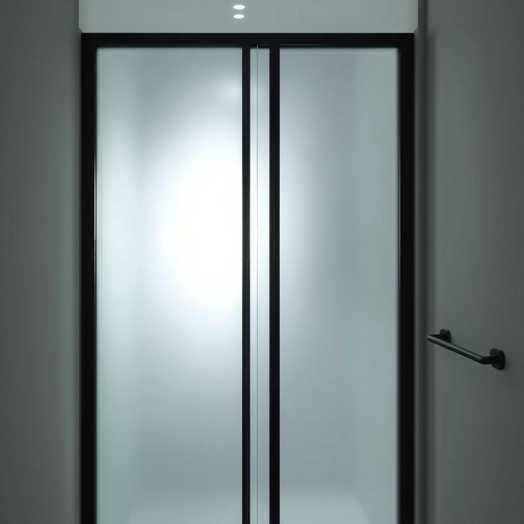 An elegant frosted glass door with a black frame, showcasing light-filtering bathroom door ideas.