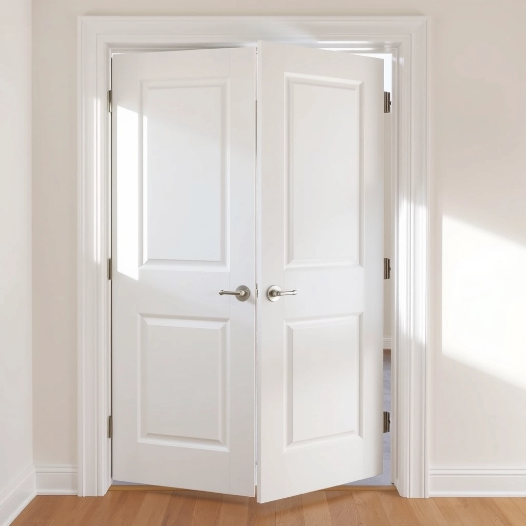 A solid-panel shaker style bi-fold door in a compact bathroom, illustrating innovative bathroom door ideas.