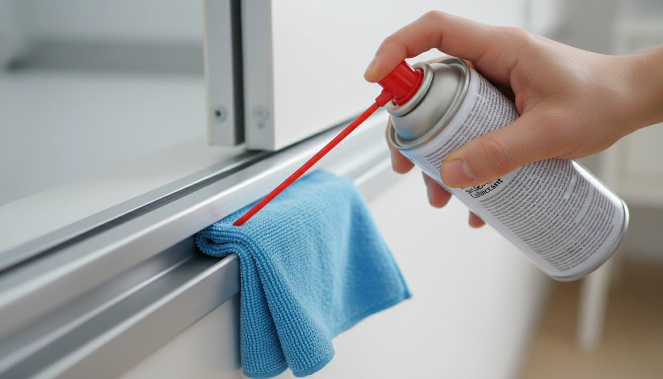 A person lubricating the track of a sliding door to maintain the best bathroom door ideas for long-term use.