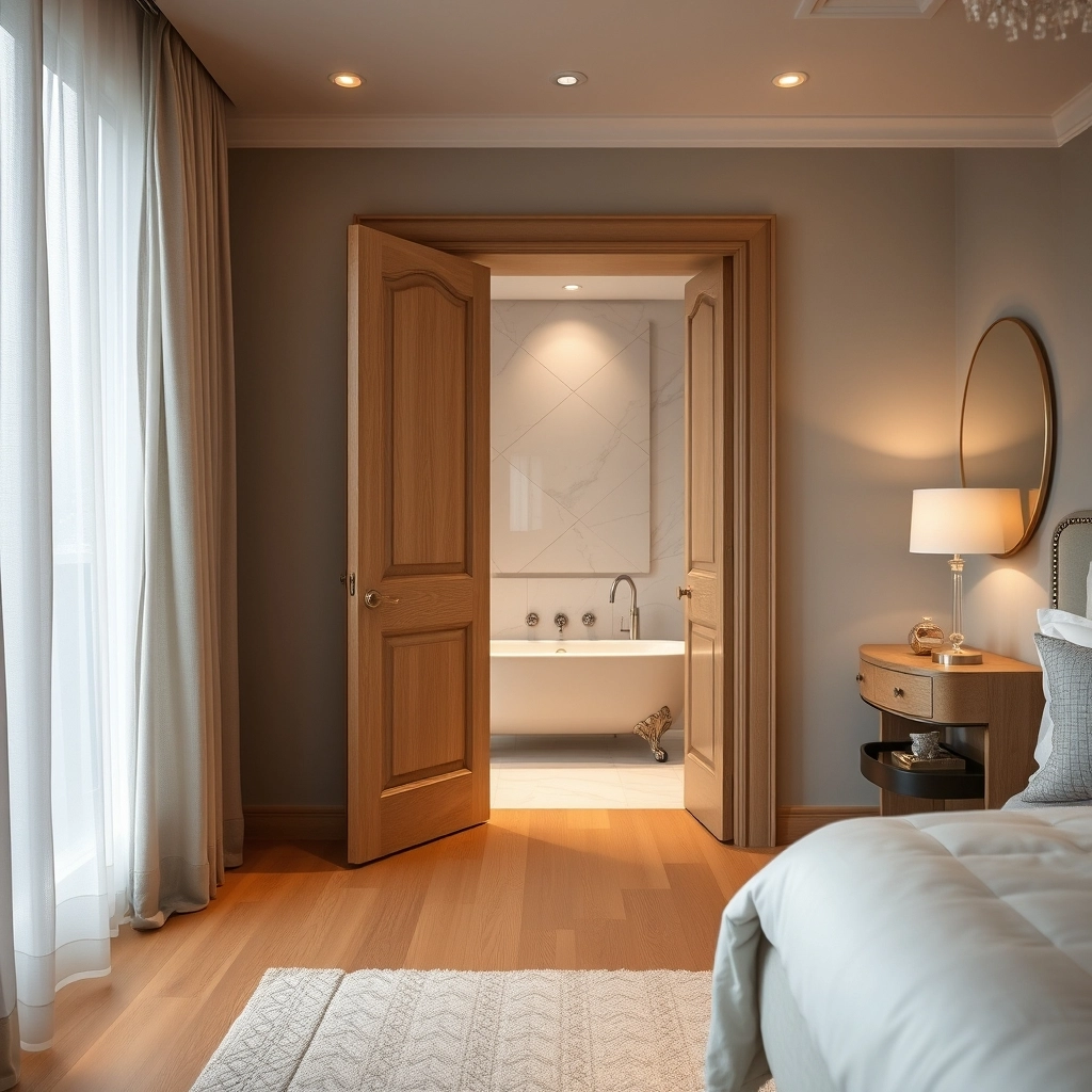 A beautifully designed bathroom entrance featuring high-quality materials and one of the best bathroom door ideas.