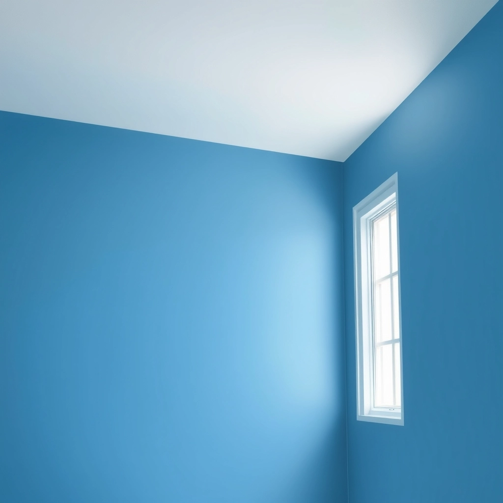 Sunlight reflecting off a medium blue bathroom wall near a window.