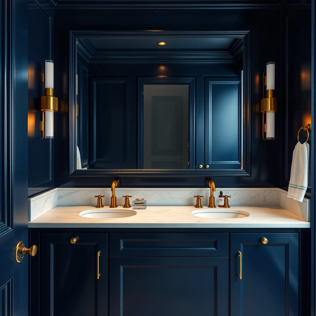 A dark navy blue bathroom vanity with gold faucets and a white marble countertop.