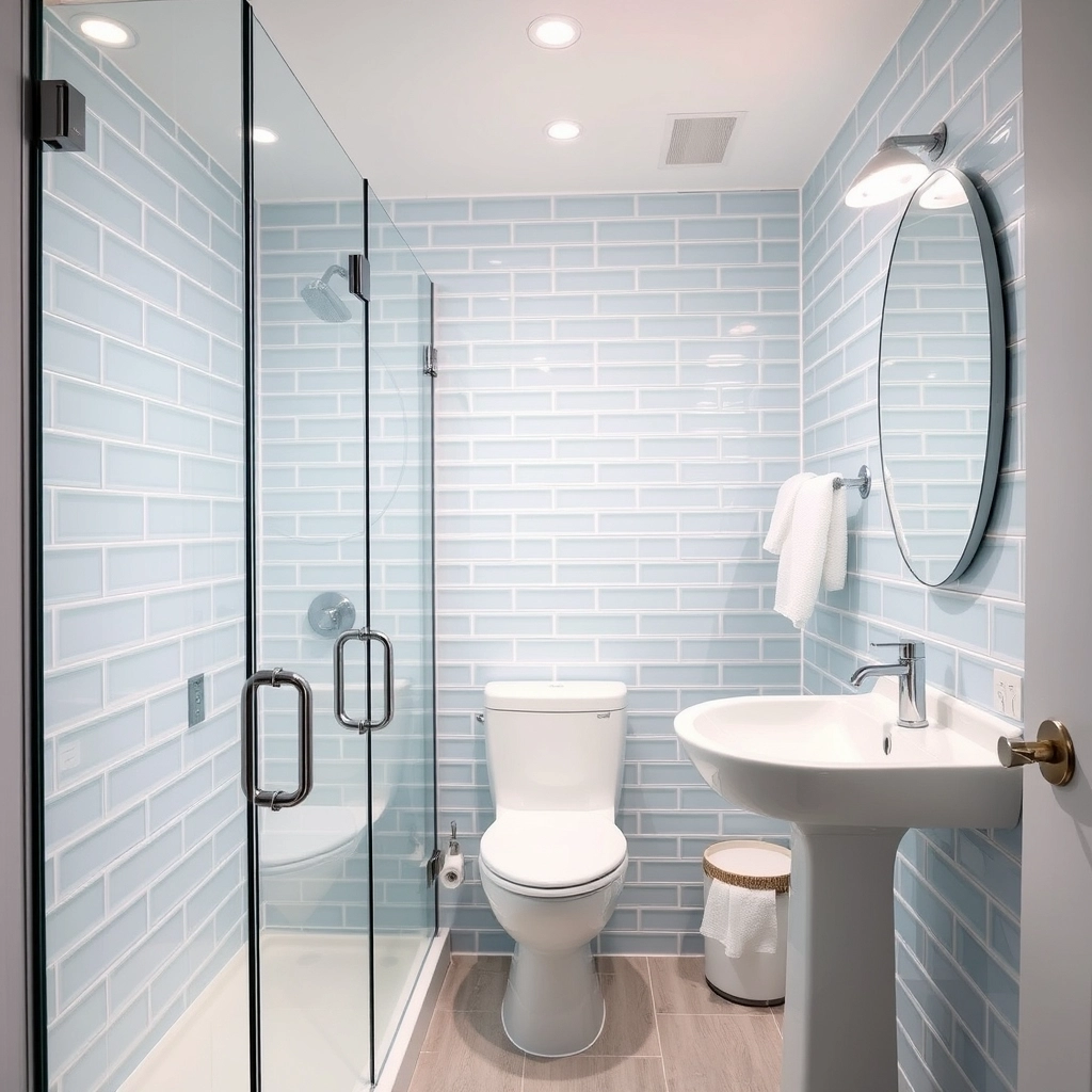 A small bathroom with pale blue walls and a clear glass shower door to increase space.